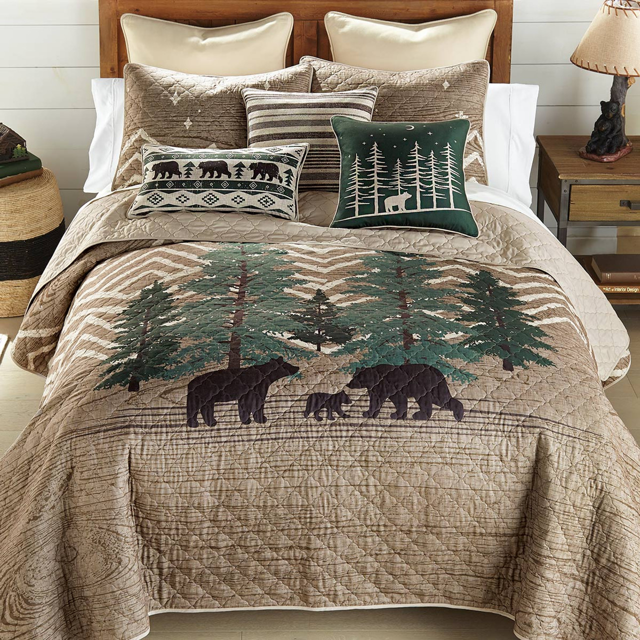 Cascade Mountain Bears Quilt Bed Set Queen Black Forest Decor