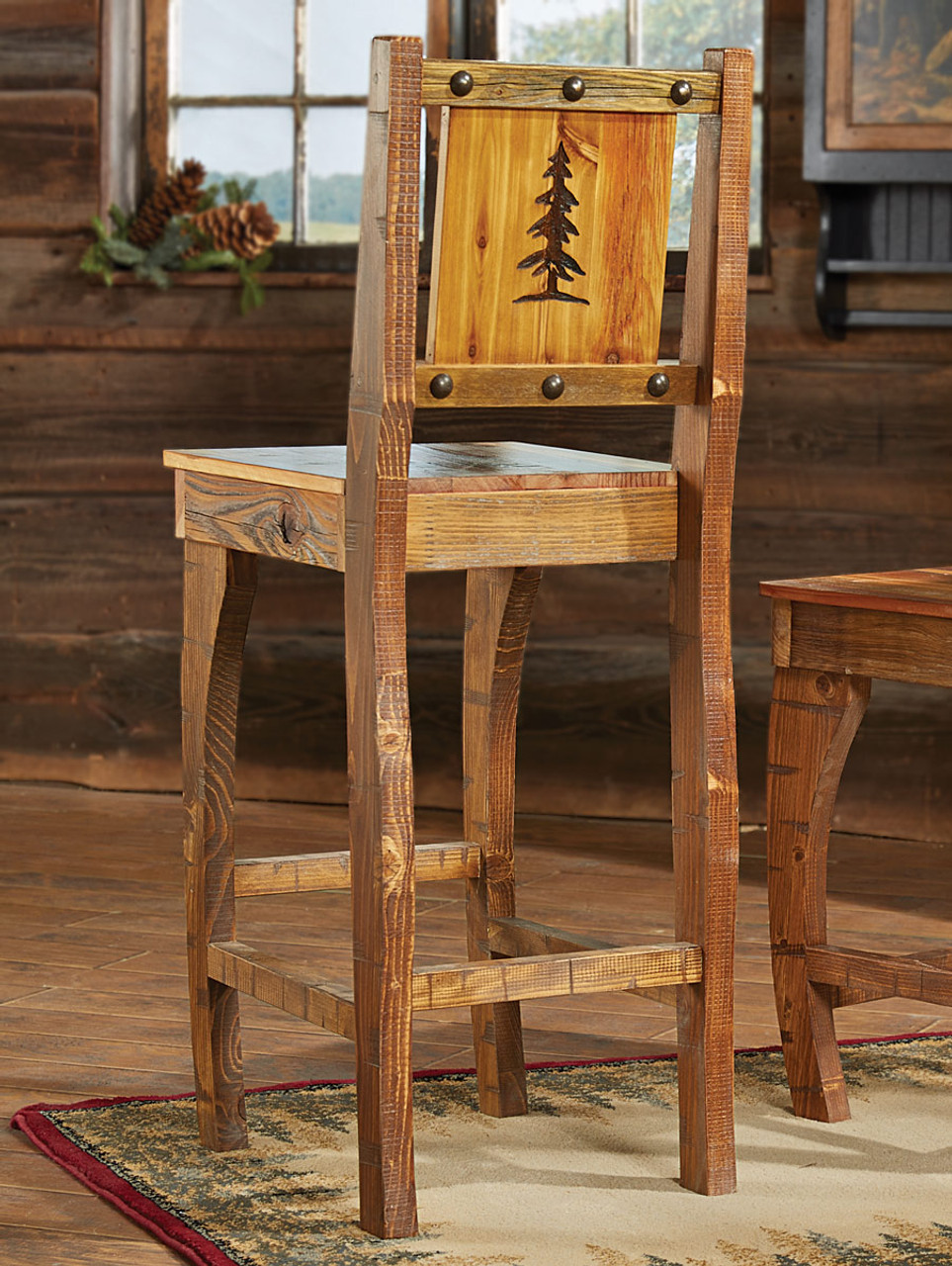 Barnwood Barstool w Carved Tree Bar Height Black Forest Decor