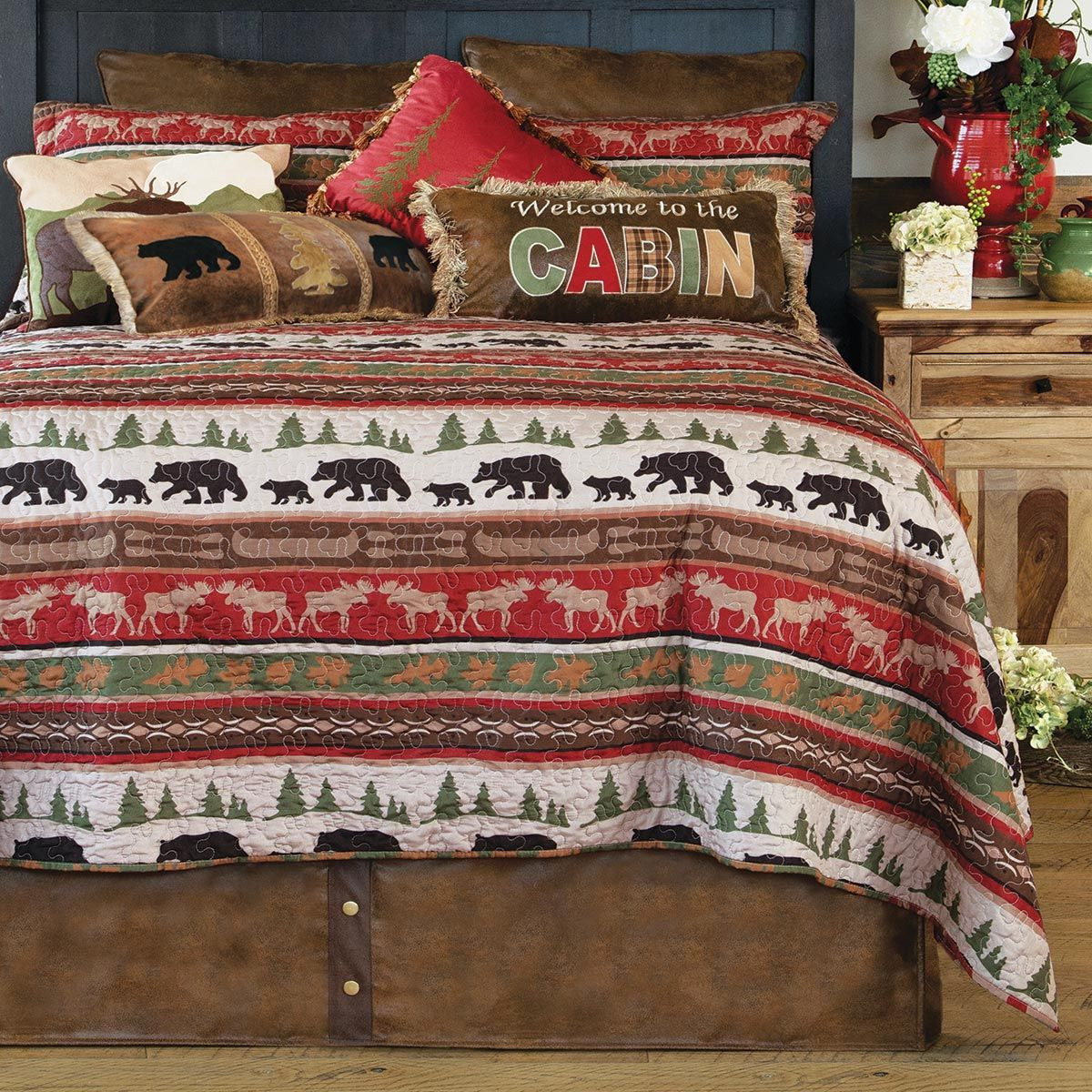 Bear & Moose Cabin Quilt Bed Set Twin Black Forest Decor