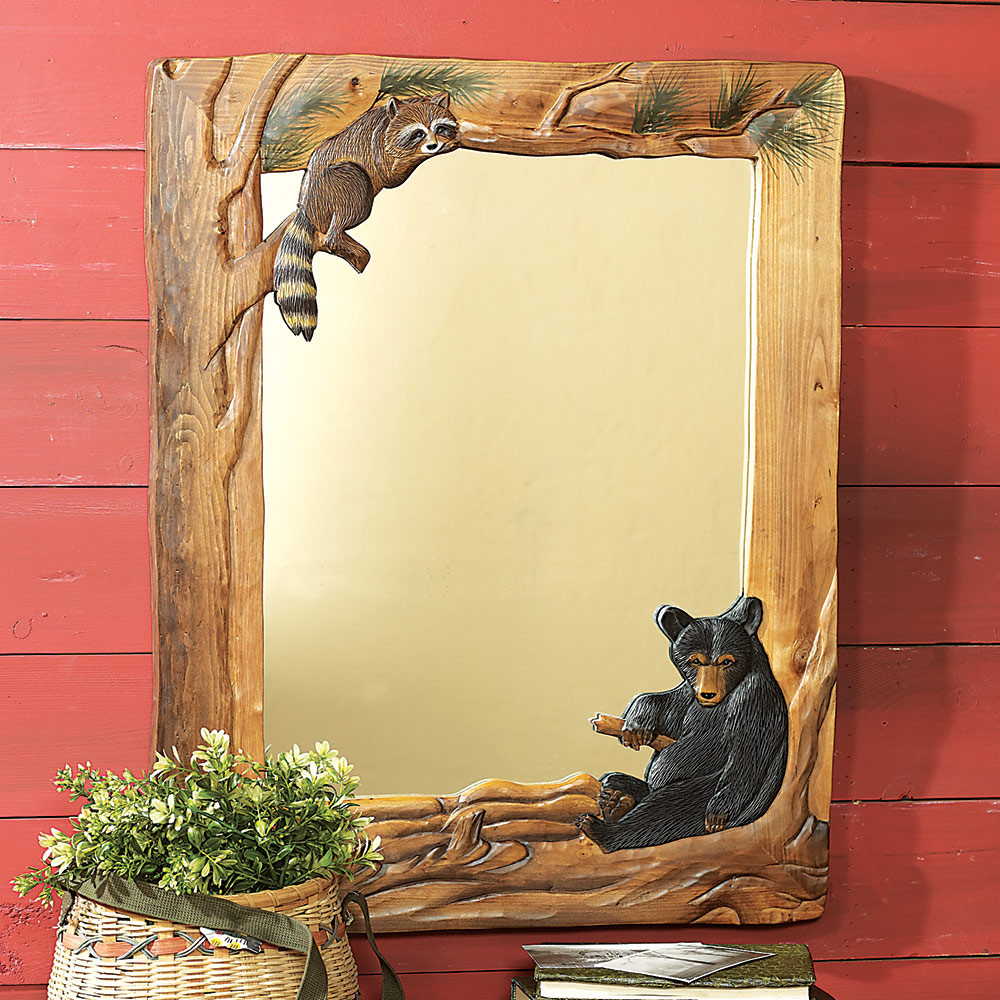 Rustic Mirrors Bear & Raccoon Carved Wood Mirror Black Forest Decor