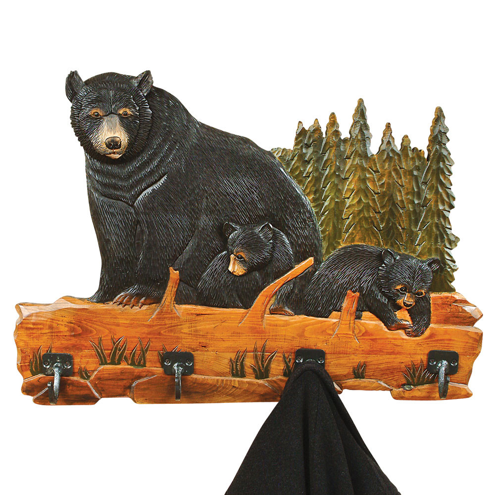 Carved Wood Bear Family Coat Rack Black Forest Decor