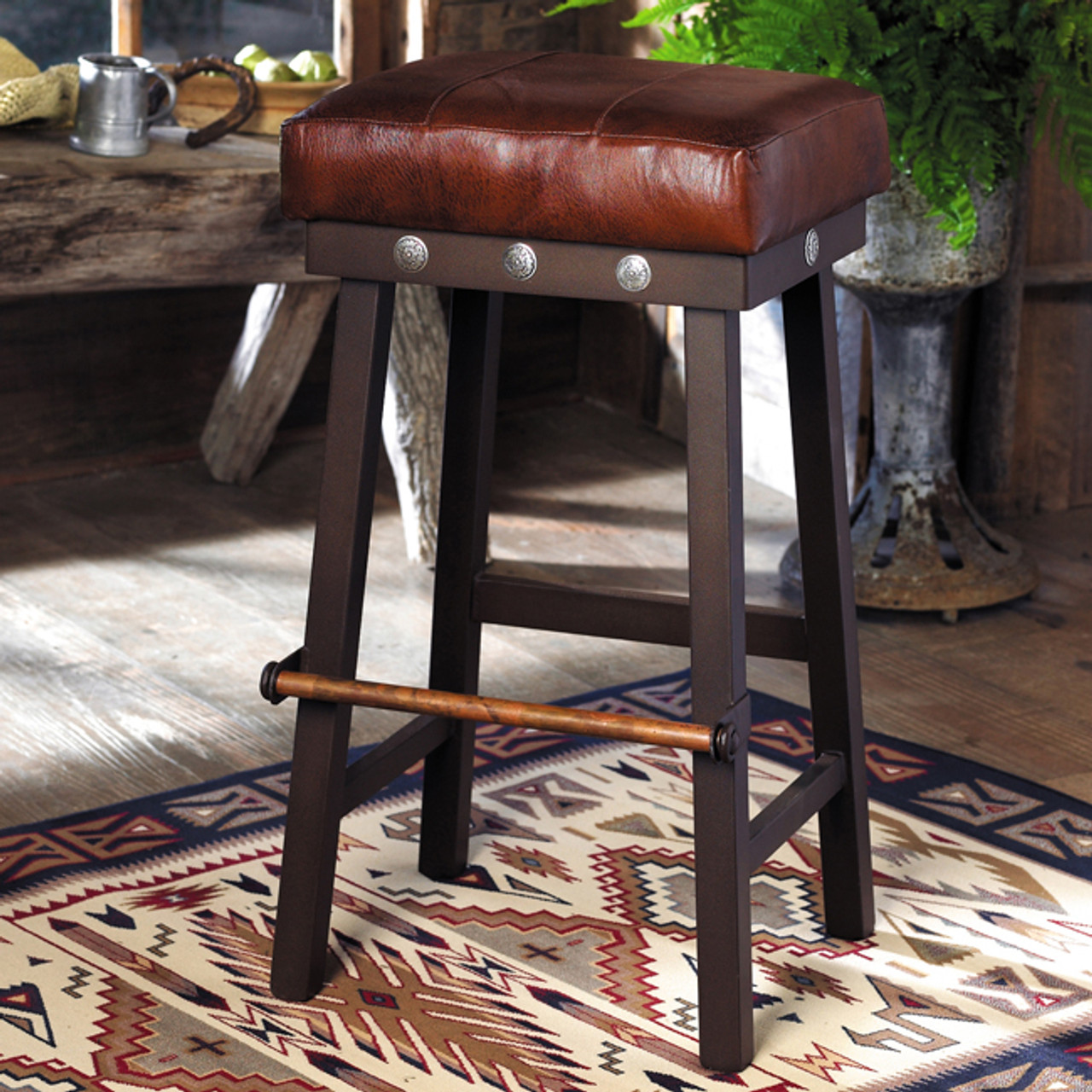 Leather and Iron Barstool with Silver Conchos 30 Inch