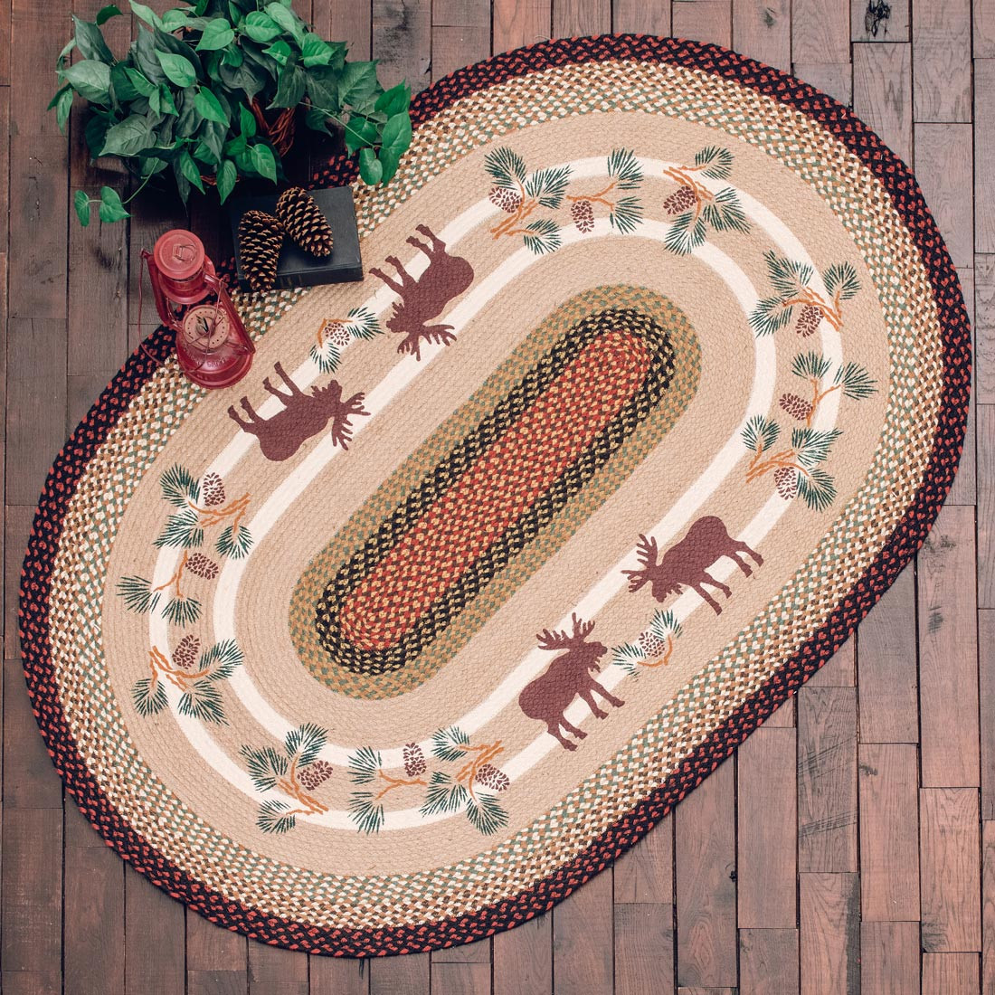 Moose & Pinecone Half-Round Braided Rug | Black Forest Decor