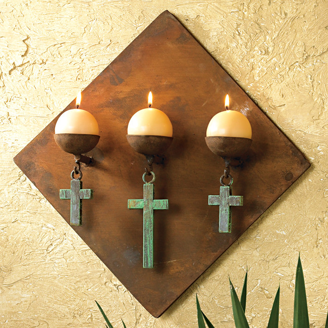 Rustic Candle Holders Diamond Candle Holder with Turquoise Crosses