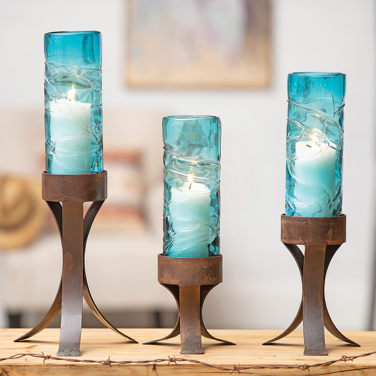 Rustic Candle Holders Diamond Candle Holder with Turquoise Crosses
