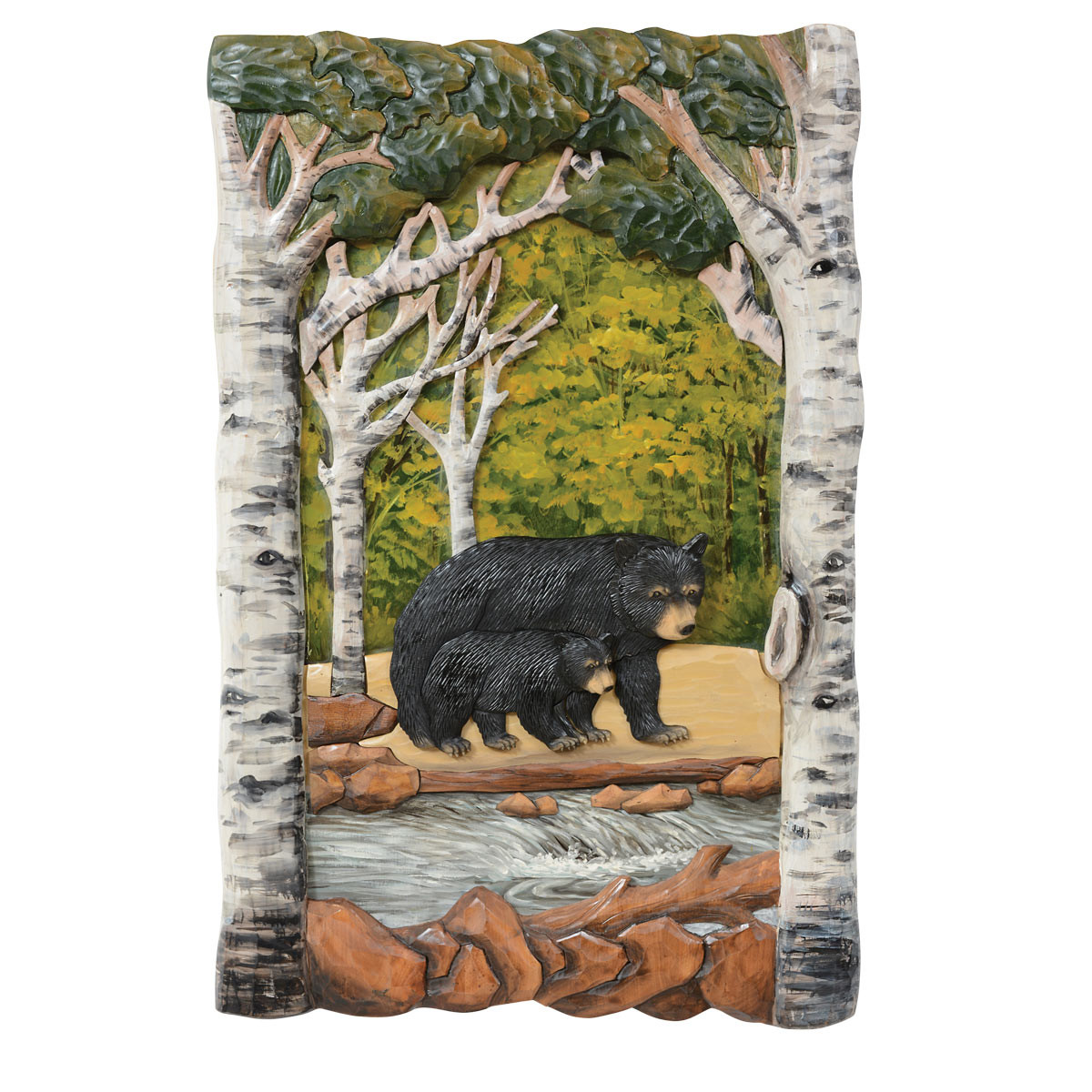 Wooden Wall Art | Black Bear Forest Carved Wood Wall Art | Black Forest
