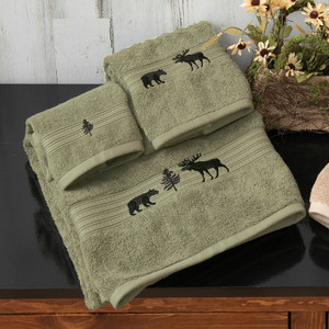 Moose & Bear Woodland Moss Embroidered Towels