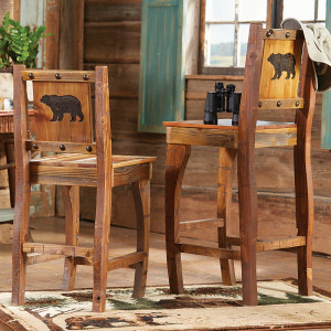 Barnwood Barstools w/ Carved Bear