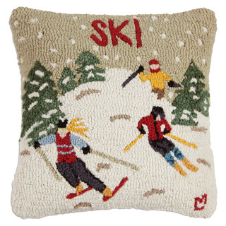 Back Country Skier in Woods Hooked Wool Pillow | Black Forest Decor