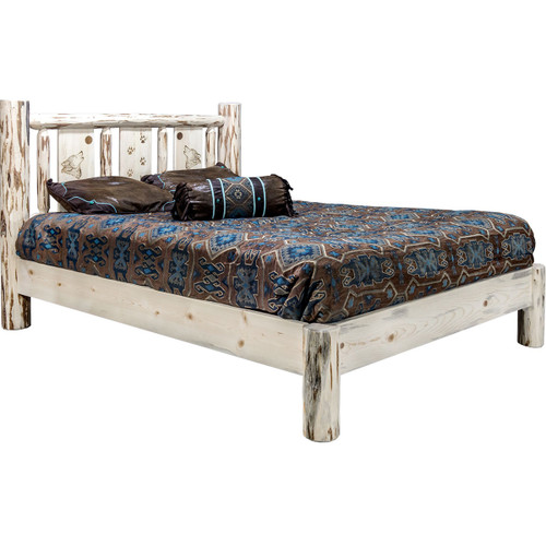 Frontier Platform Bed with Laser-Engraved Wolf Design - Queen