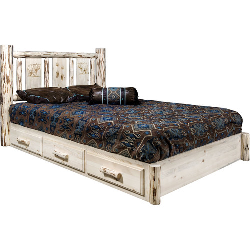 Frontier Platform Bed with Storage & Laser-Engraved Bear Design - Queen