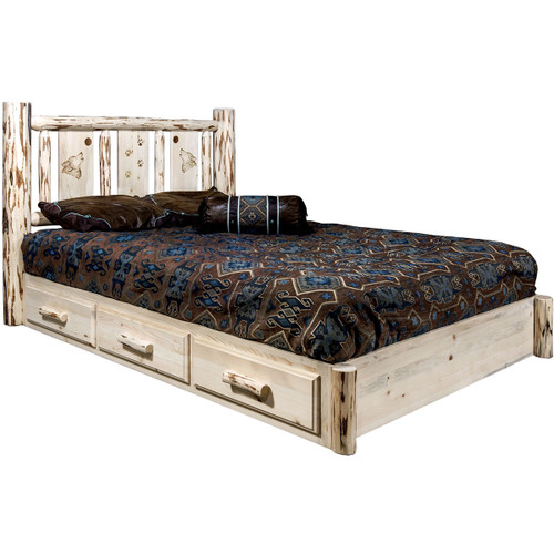 Frontier Platform Bed with Storage & Laser-Engraved Wolf Design - Queen