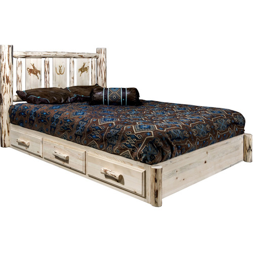 Frontier Storage Bed with Laser-Engraved Bronc Design - Queen