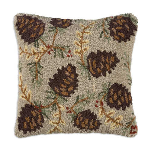 North Woods Pinecones Hooked Wool Pillow