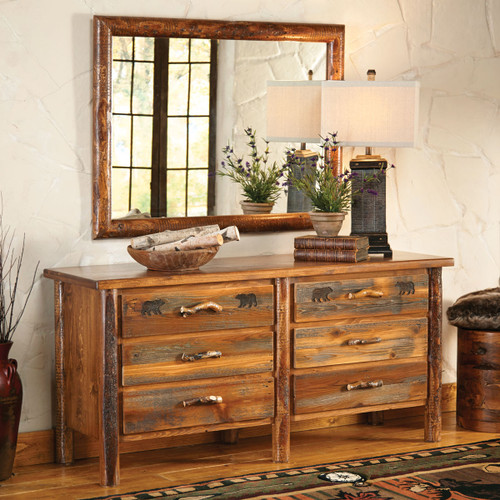 Pine Crest Bear Log 6 Drawer Dresser & Mirror