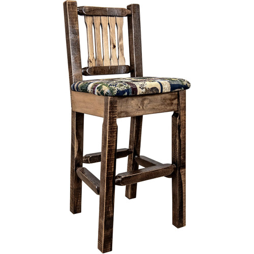Ranchman's Counter Stool with Woodland Upholstery, Stain & Clear Lacquer Finish