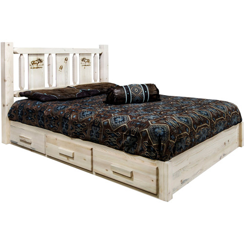 Ranchman's Platform Bed with Storage & Laser-Engraved Moose Design - King