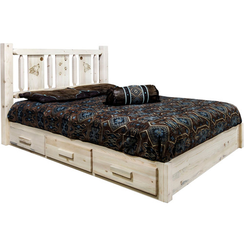 Ranchman's Platform Bed with Storage & Laser-Engraved Wolf Design - Queen