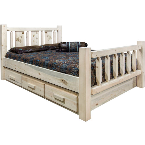 Ranchman's Storage Bed with Laser-Engraved Wolf Design - Queen