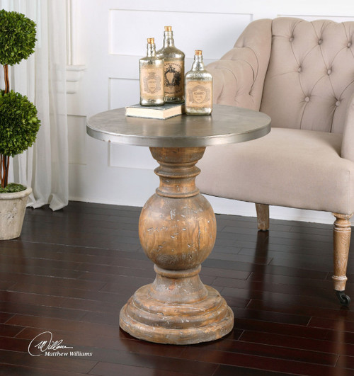 Reclaimed Wood Accent Table with Aluminum Top