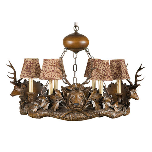 Small Stag Head 6-Light Chandelier - Feather Pattern Shades