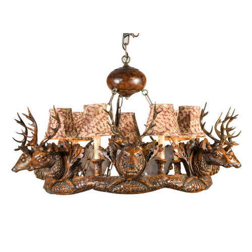Small Stag Head 7-Light Chandelier - Small - Feather Pattern Shades