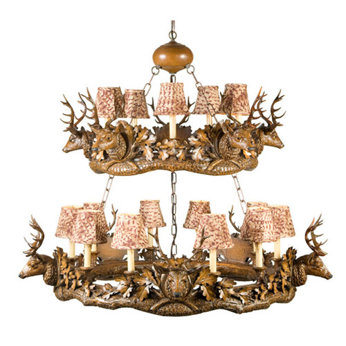 Small Stag Head Two Tier 15-Light Chandelier - Feather Pattern Shades