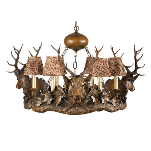 Three Royal Stags Chandelier - Feather Pattern Shades