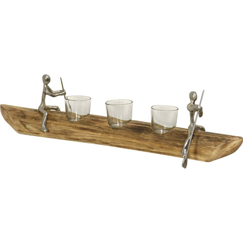 Rowing Team Carved Wood & Pewter Candleholder