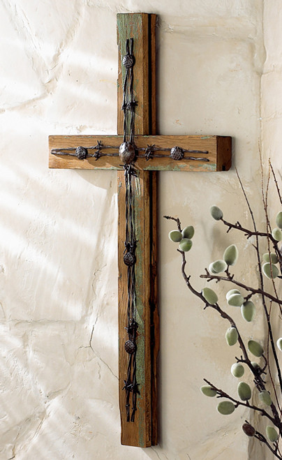 Old Wood Cross w/ Barbed Wire