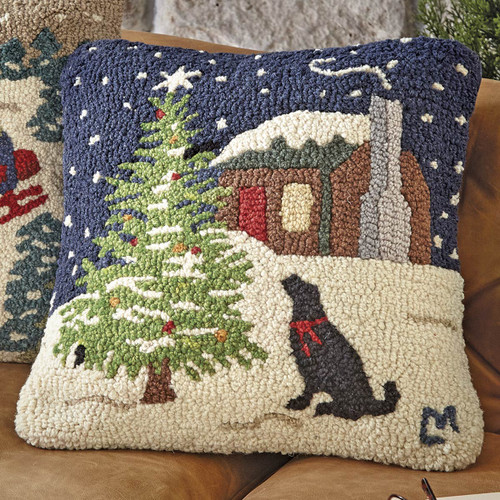 Christmas Tree & Dog Hooked Wool Pillow