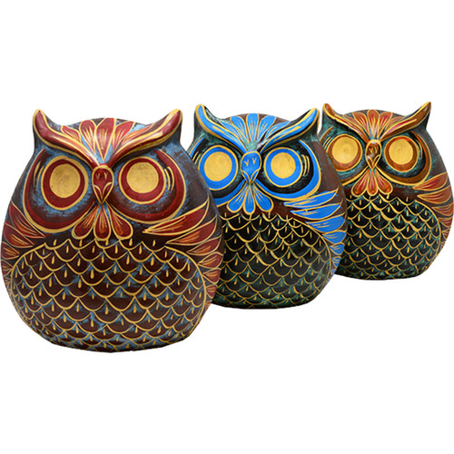 Hand Painted Clay Owl Figurines - Set of 3