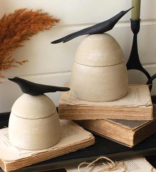 Clay Canisters with Wooden Bird Handles - Set of 2