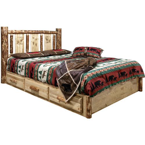 Cascade Platform Storage Bed with Laser Engraved Bear Design - Full