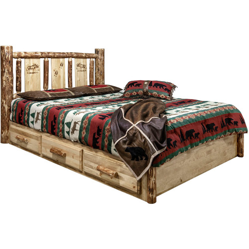 Cascade Platform Storage Bed with Laser Engraved Moose Design - Full