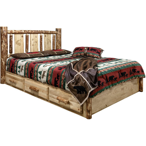 Cascade Platform Storage Bed with Laser Engraved Wolf Design - Cal. King