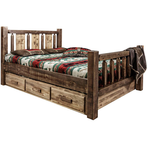 Denver Bed with Storage & Engraved Bears - Twin - Stained & Lacquered