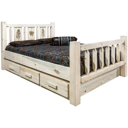 Denver Bed with Storage & Engraved Pines - Twin - Lacquered