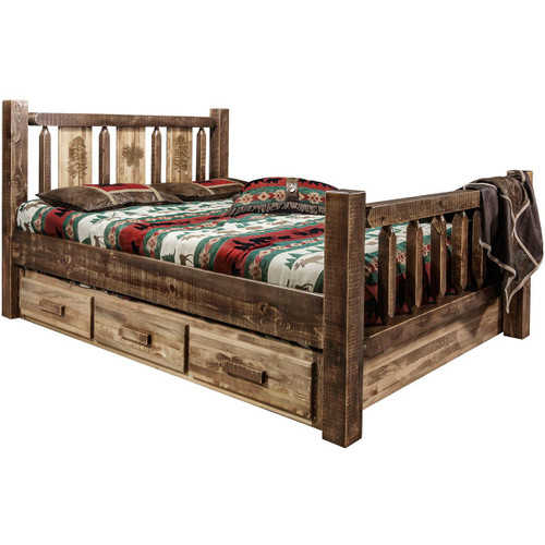Denver Bed with Storage & Engraved Pines - Twin - Stained & Lacquered