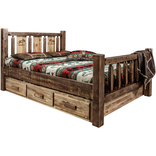 Denver Bed with Storage & Engraved Moose - Full - Stained & Lacquered