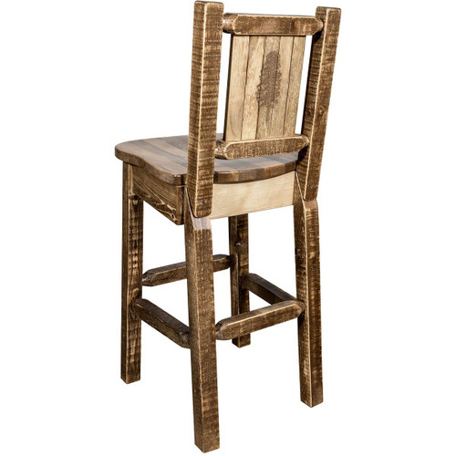 Denver Counter Height Barstool with Engraved Pine Tree Back - Stained & Lacquered