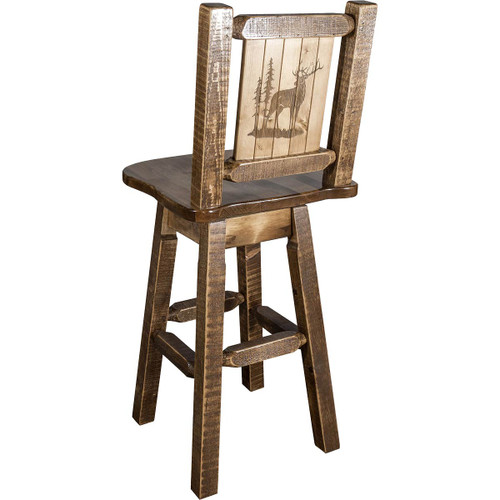 Denver Counter Height Swivel Barstool with Engraved Elk Back - Stained & Lacquered