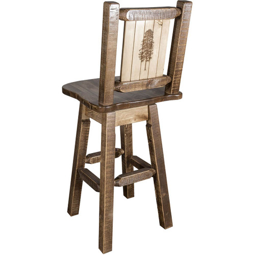 Denver Counter Height Swivel Barstool with Engraved Pine Tree Back - Stained & Lacquered