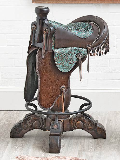 Canyon Ranch Tooled Leather Saddle Barstool - Turquoise