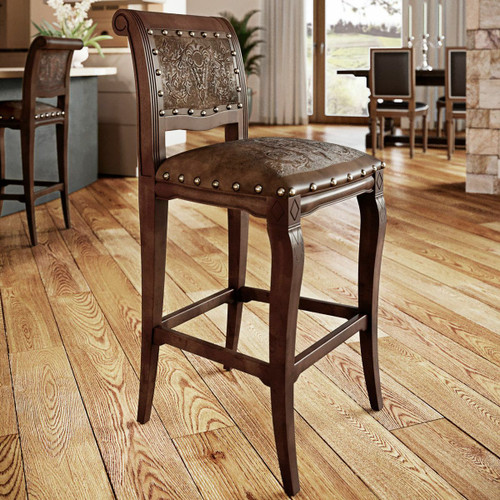 Imperial Stool with Antique Brown Tooled Leather
