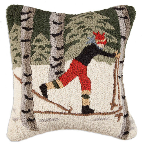 Back Country Skier in Woods Hooked Wool Pillow