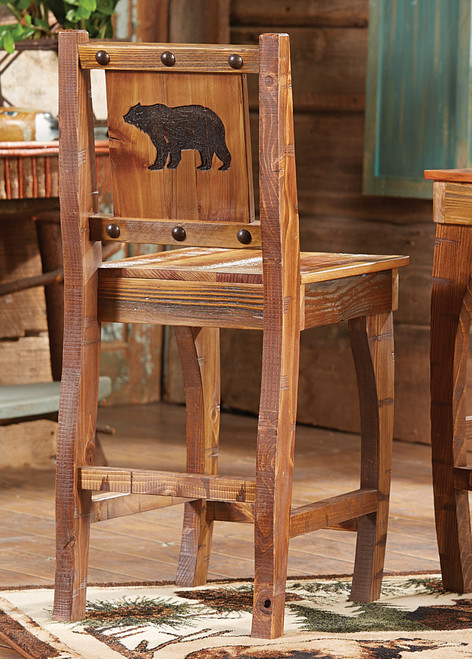 Barnwood Barstool w/ Carved Bear - Counter Height