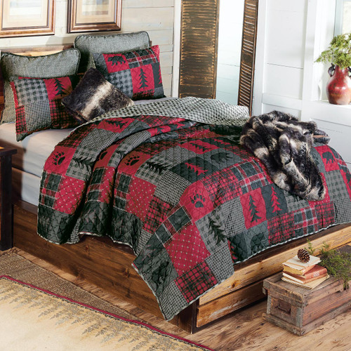 Arrowhead Plaid Bear Quilt Set Queen Black Forest Decor