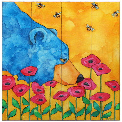 Flower Meadow Bear Wood Wall Art