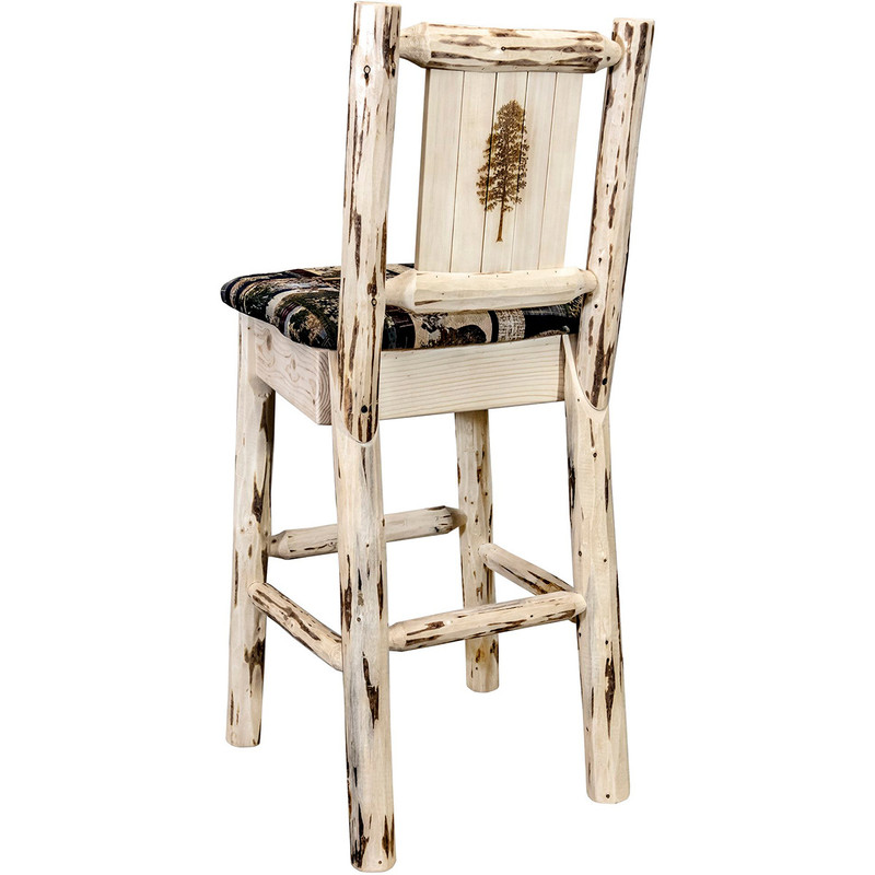Frontier Barstool with Back & Laser-Engraved Pine Tree Design